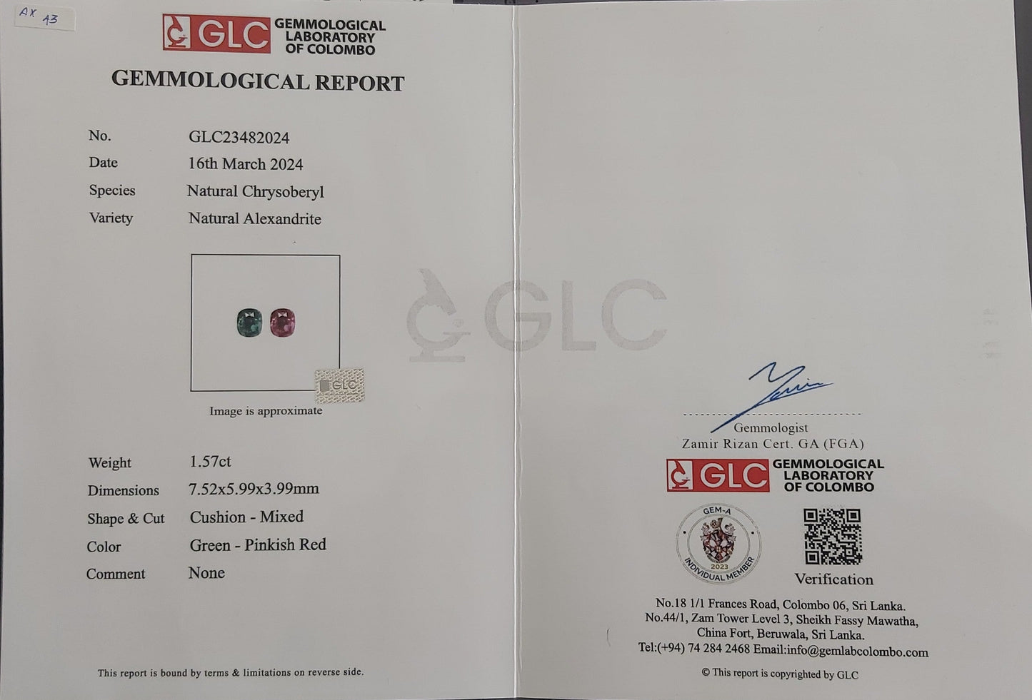 Alexandrite 1.57ct Green-Pinkish Red Cushion