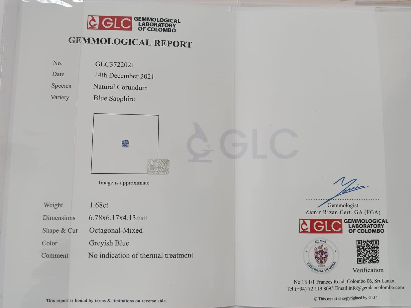 1.68ct Natural Greenish Blue Octagon Blue Sapphire