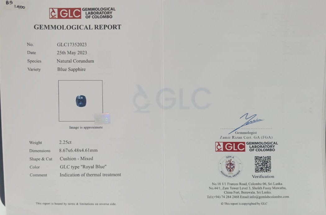 Blue Sapphire 2.25ct RB Cushion Heated