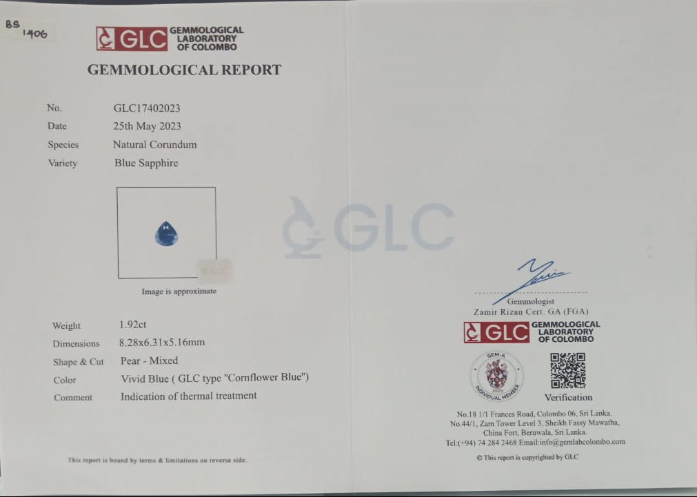 Blue Sapphire 1.92ct CF Pear Heated