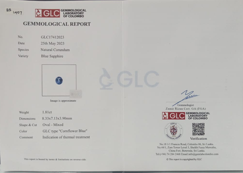 Blue Sapphire 1.81ct CF Oval Heated