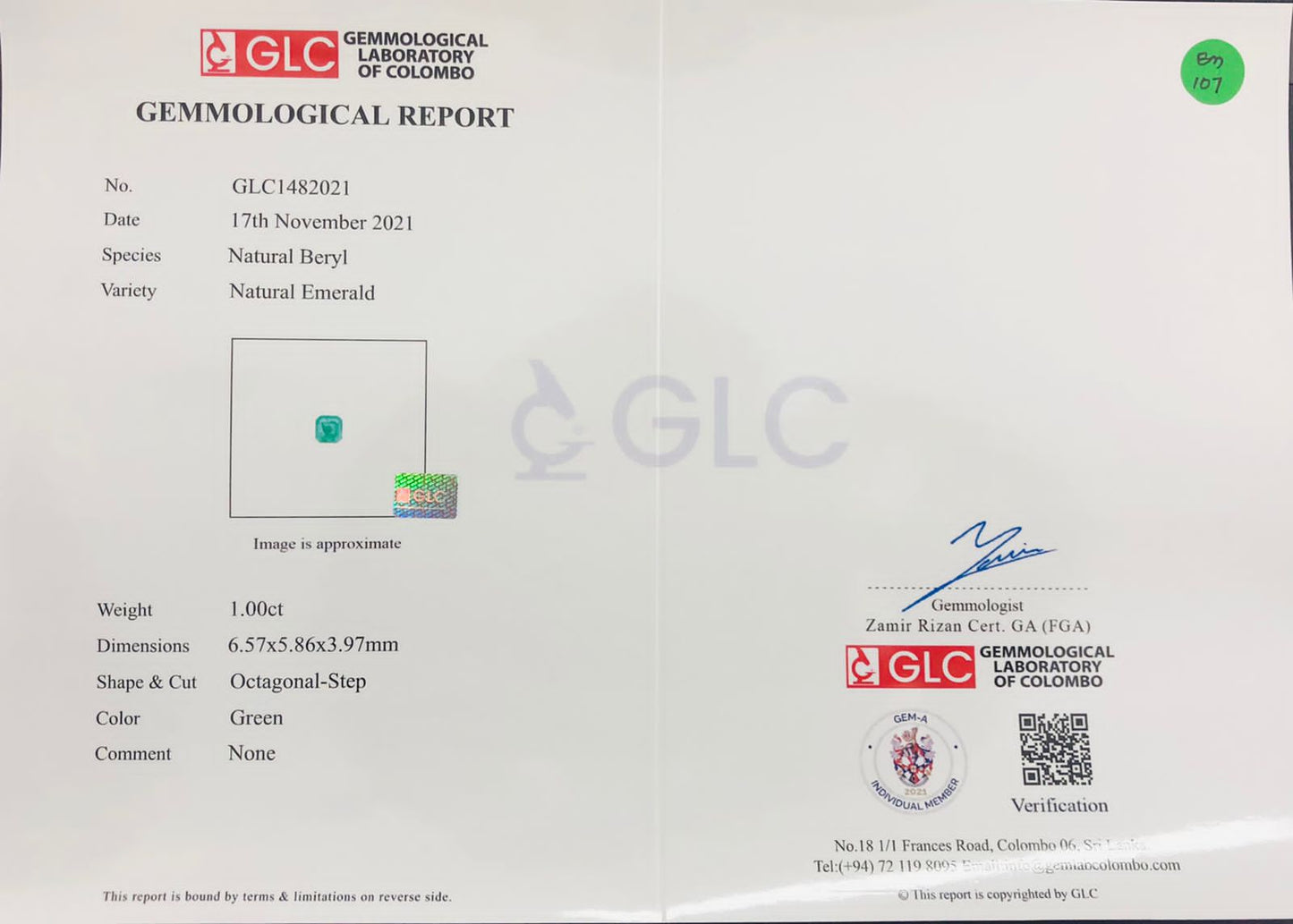 Emerald 1.00ct Green Octagon (Slightly Included)