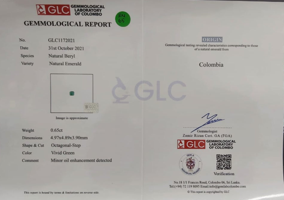 Emerald 0.65ct Vivid Green Octagon (Minor Oiled, Slightly Included)