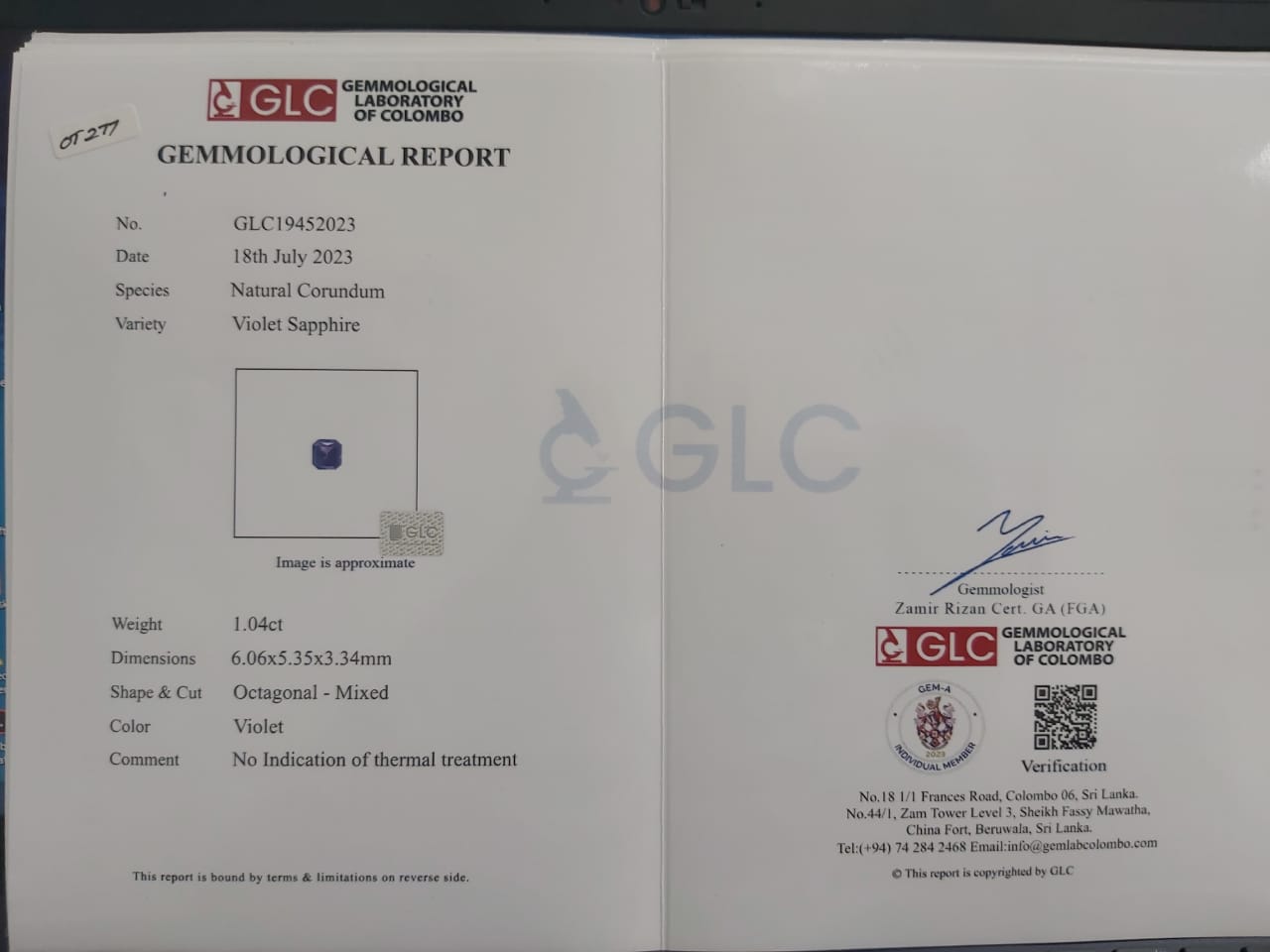 Violet Sapphire 1.04ct Violet Octagon Natural