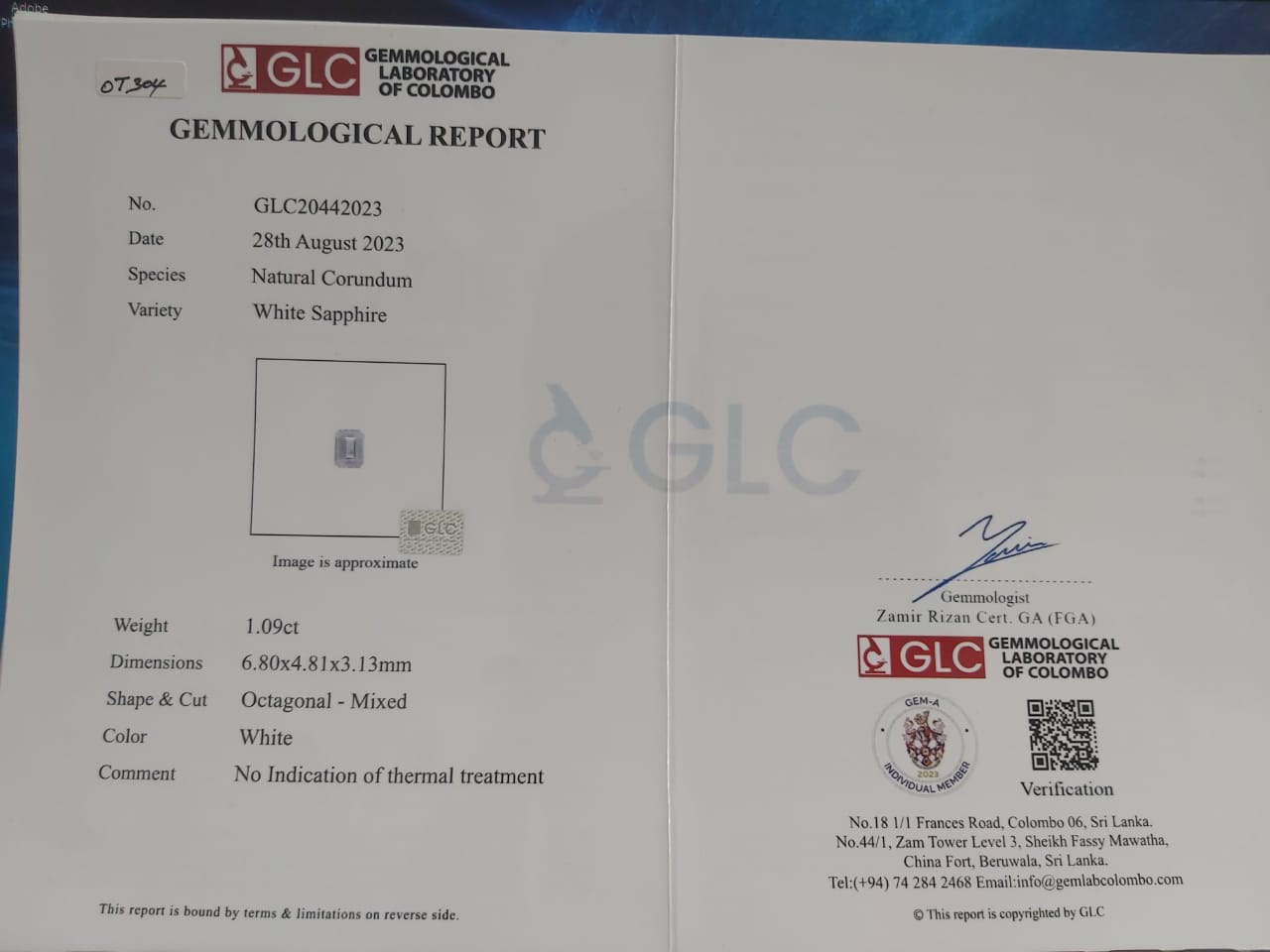 White Sapphire 1.09ct White Octagon Natural