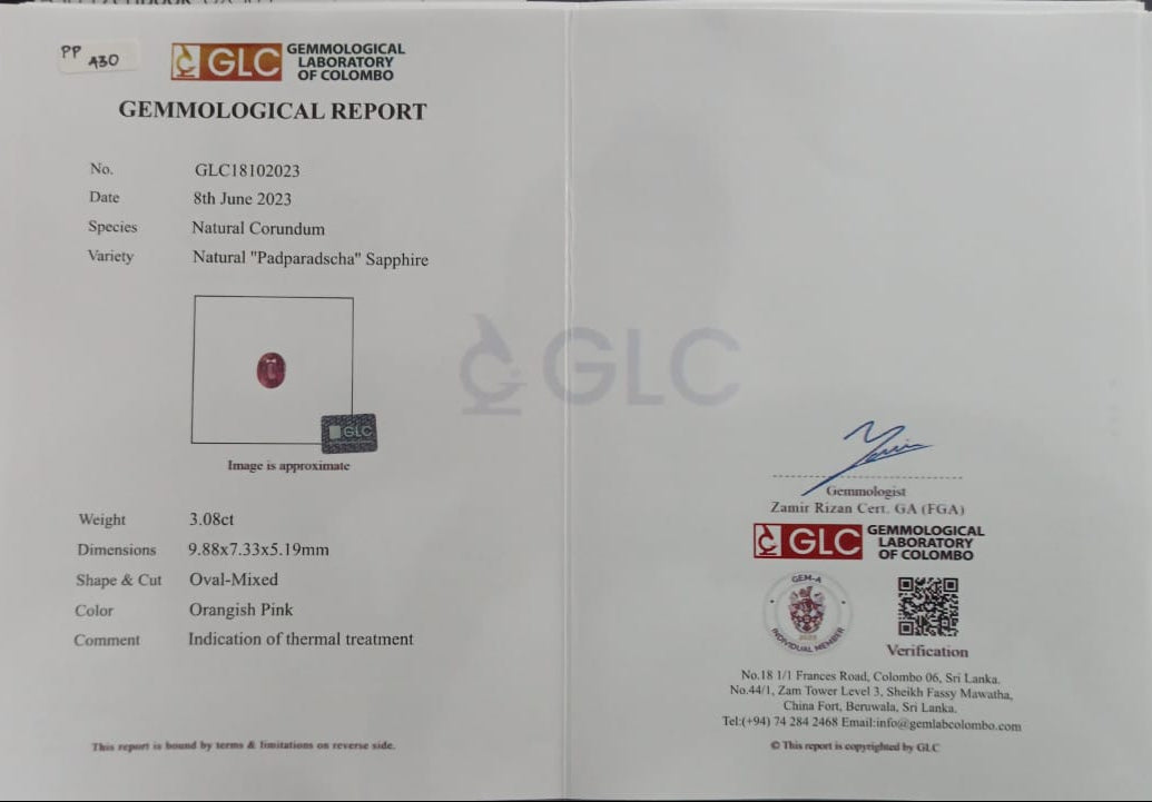 Padparadscha 3.08ct Orangish Pink Oval (Heated)