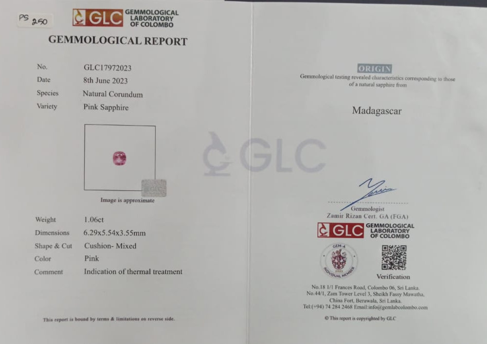 Pink Sapphire 1.06ct Pink Cushion Heated