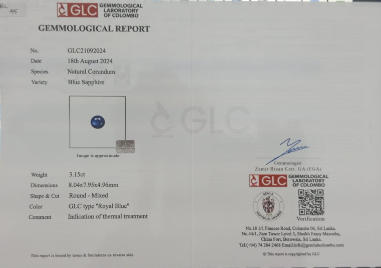Blue Sapphire 3.15ct RB Round Heated