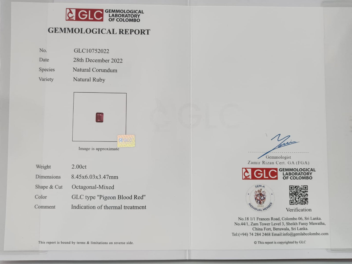 Ruby 2.00ct Pigeon Blood Red Octagon Heated