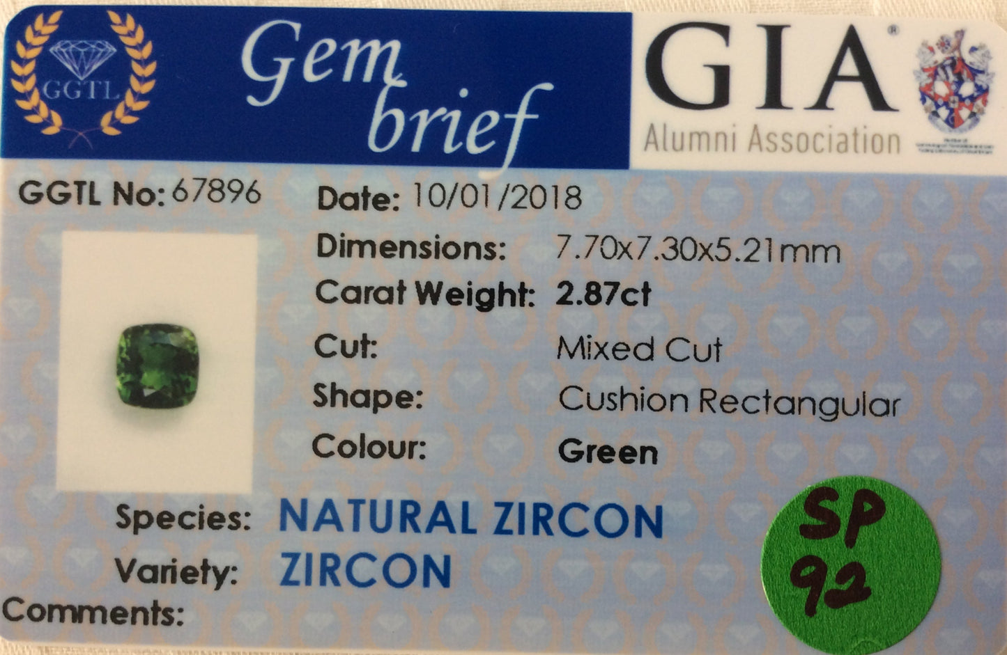 Zircon 2.87ct Green Cushion EC