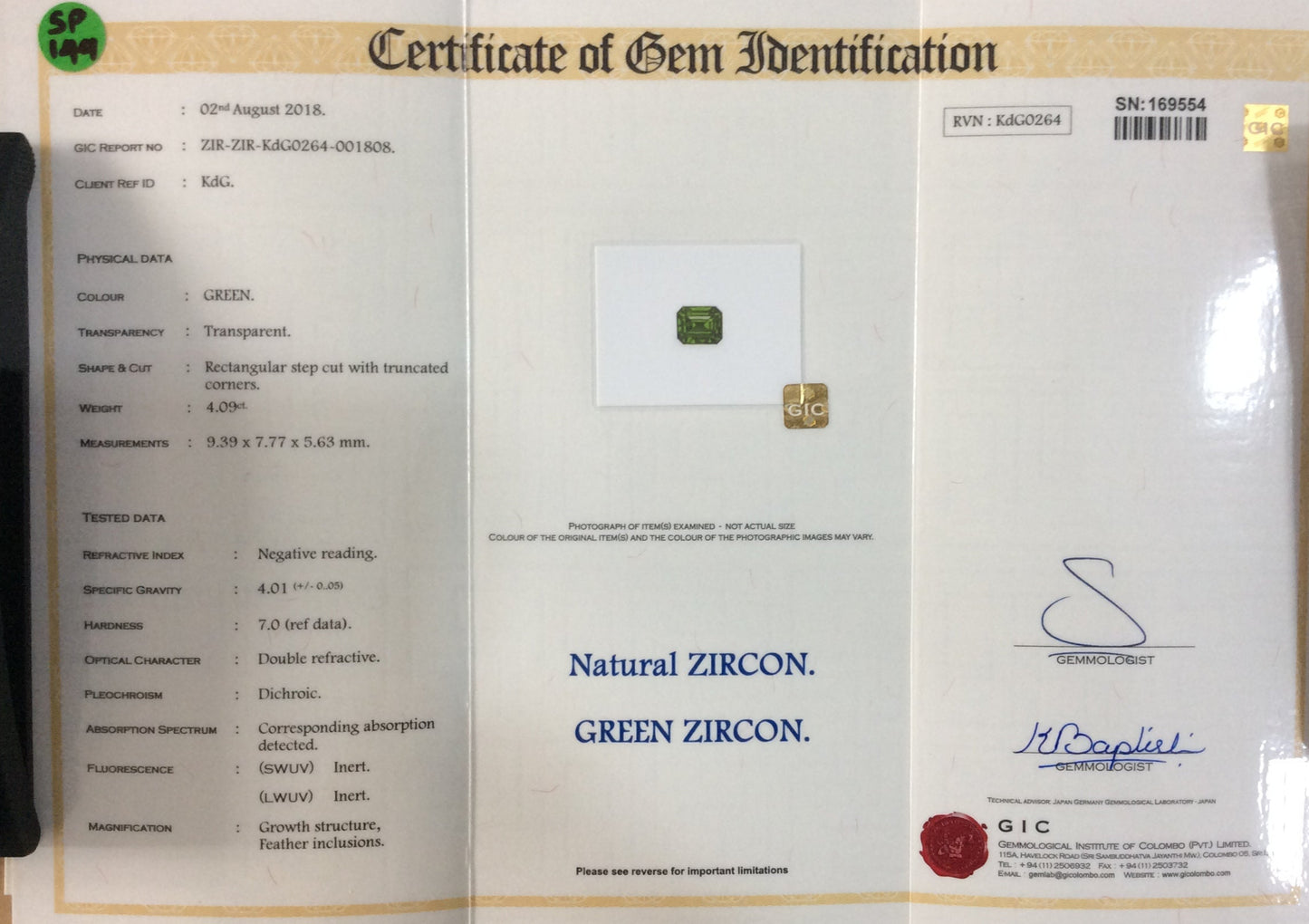 Zircon 4.09ct Green Octagon EC