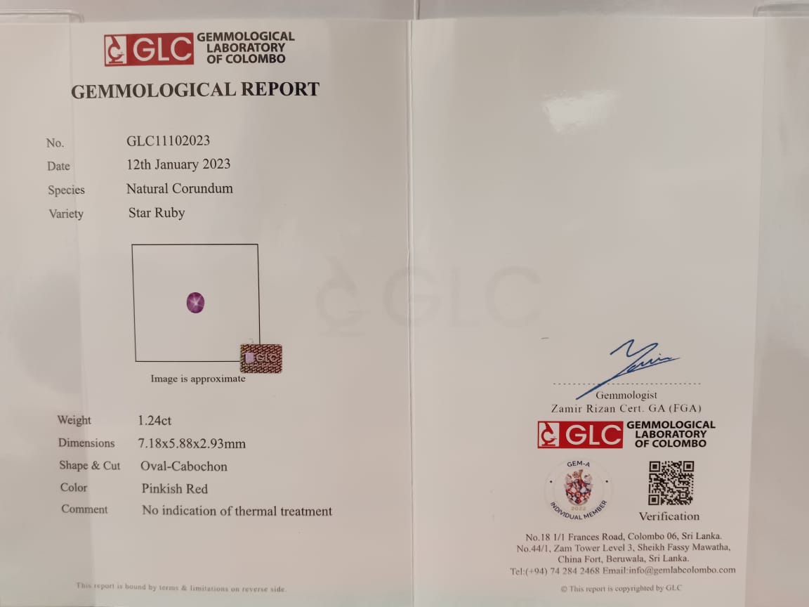 Star Ruby 1.24ct Pinkish Red Oval Cabochon Natural