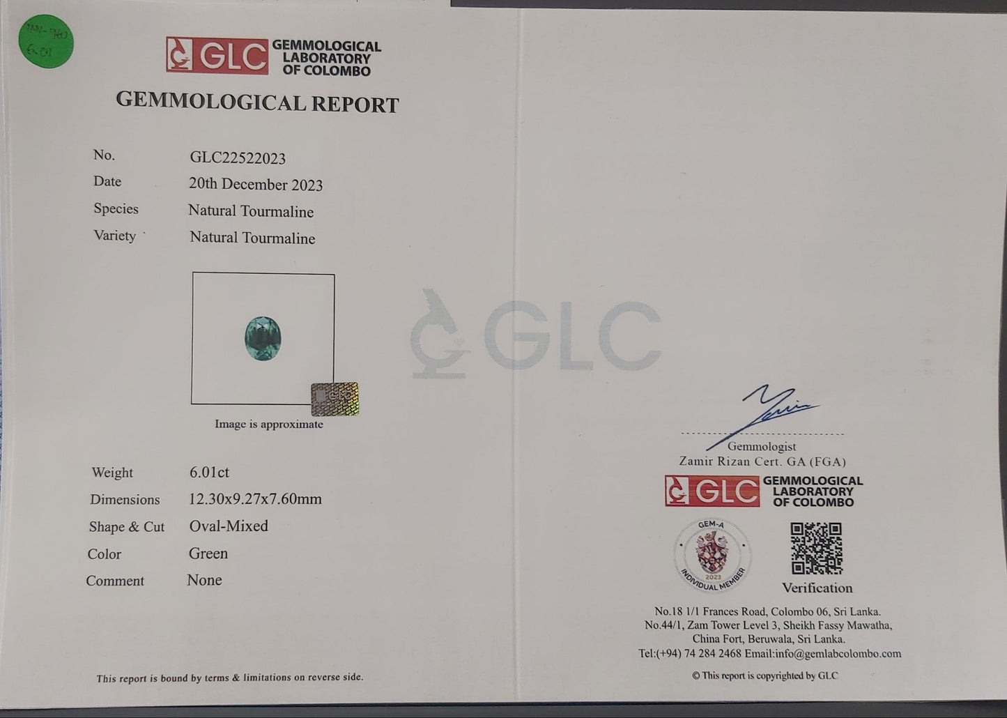 6.01ct Oval Cut Green Tourmaline
