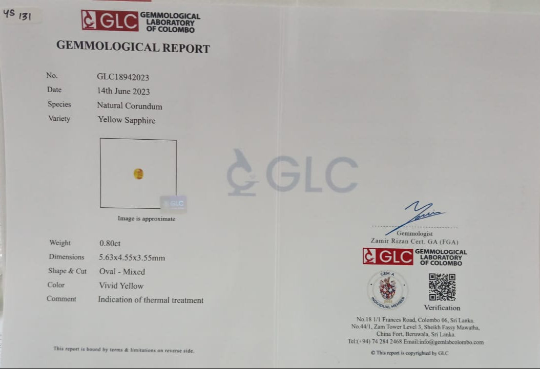 Yellow Sapphire 0.80ct Vivid Yellow Oval Heated