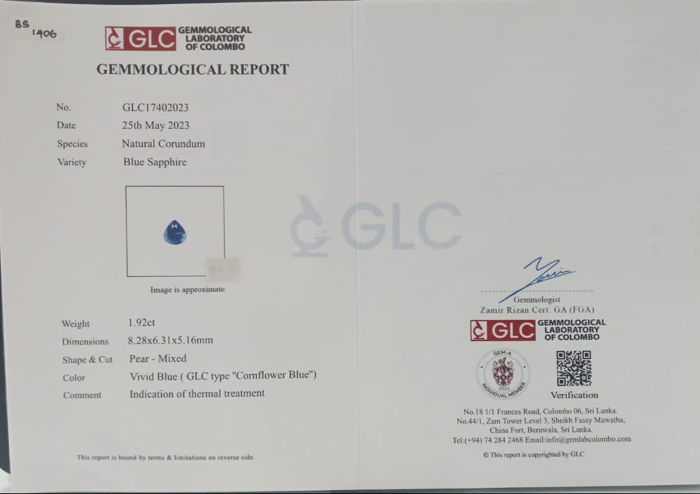 Blue Sapphire 1.92ct CF Pear Heated