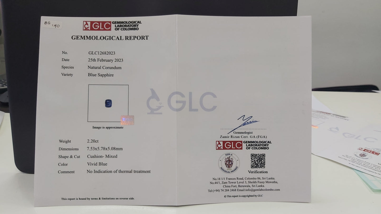 2.20ct Natural Vivid Blue Cushion Blue Sapphire
