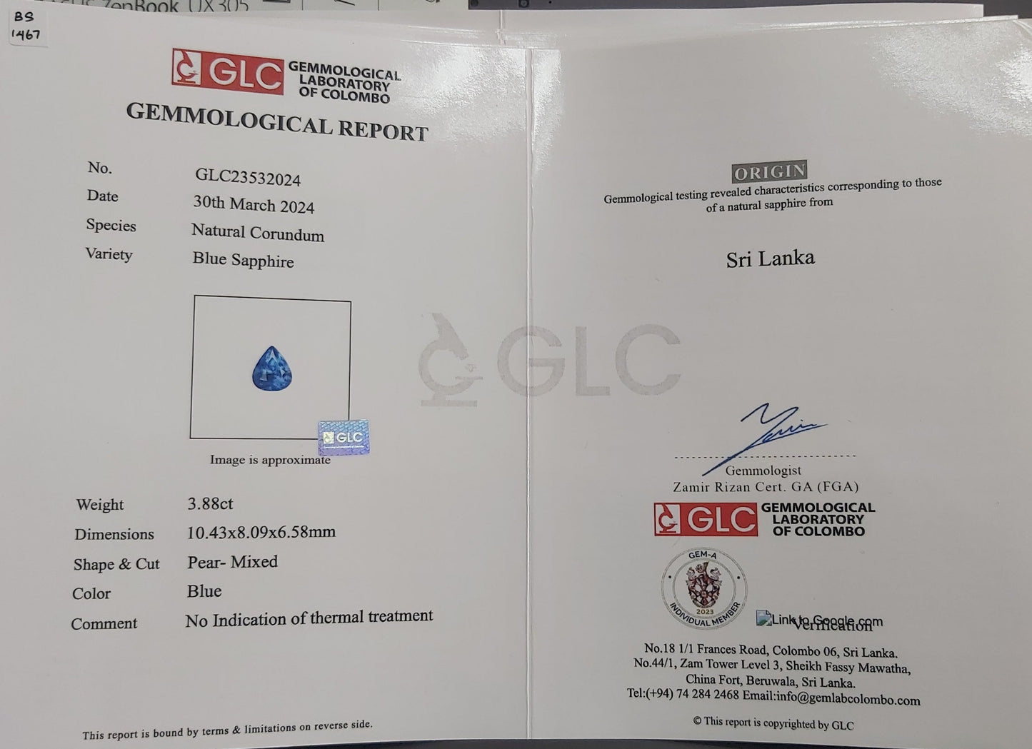 3.88ct Natural Blue Pear Blue Sapphire