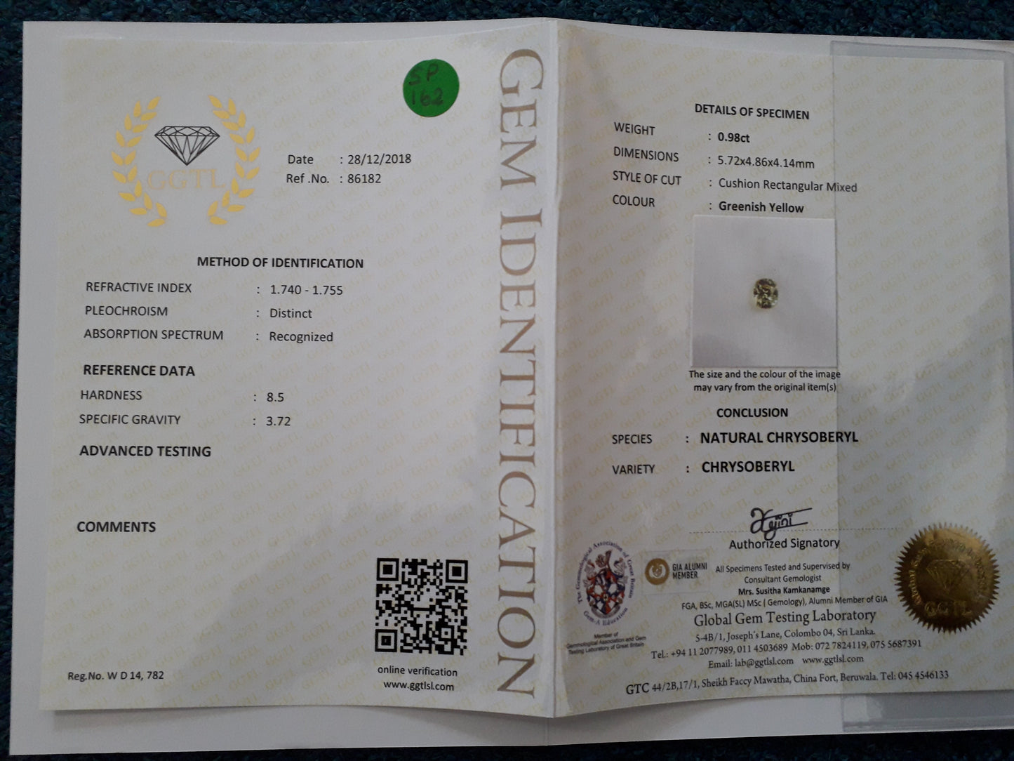 Chrysoberyl 0.98ct Greenish Yellow Cushion