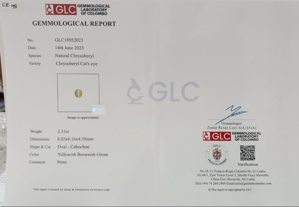 Chrysoberyl Cat's Eye 2.11ct Yellowish Brownish Green Oval Cabochon