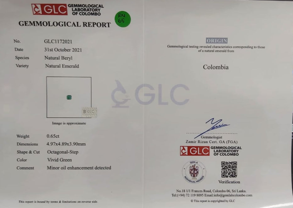 Emerald 0.65ct Vivid Green Octagon (Minor Oiled, Slightly Included)