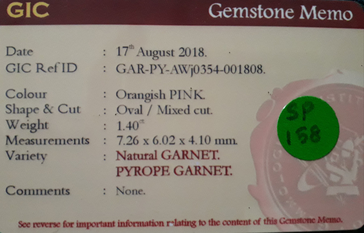 Pyrope Garnet 1.40ct Orangish Pink Oval