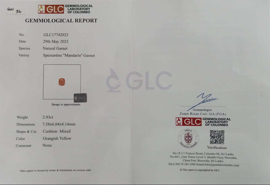 Spessartine Garnet 2.03ct Orangish Yellow Cushion Clean