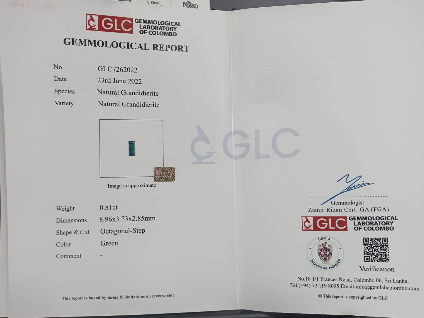 Grandidierite 0.81ct Green Rectangle