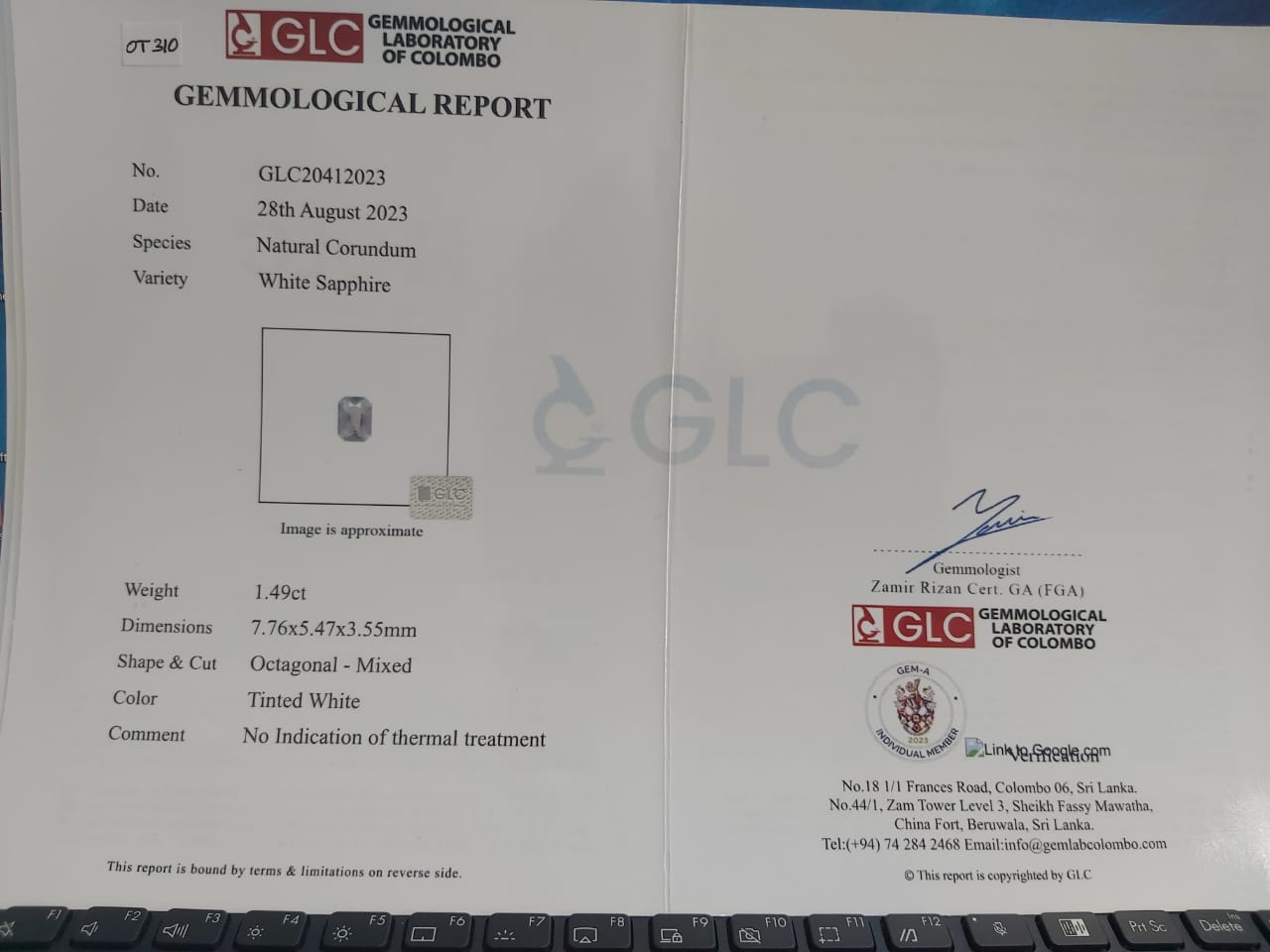 White Sapphire 1.49ct Tinted White Octagon Natural