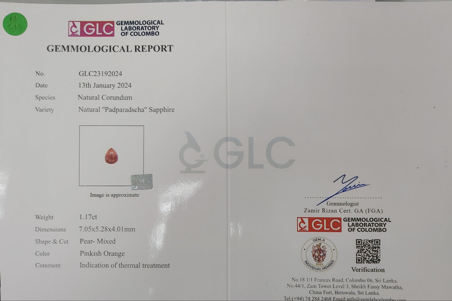 Padparadscha 1.17ct Pinkish Orange Pear (Heated)