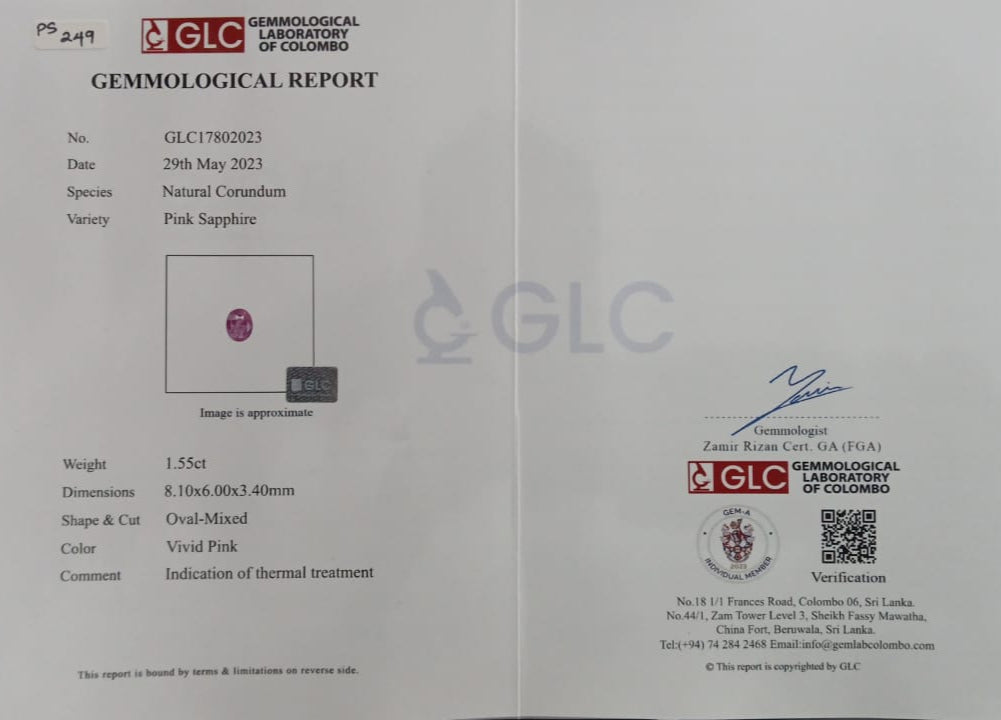 Pink Sapphire 1.55ct Vivid Pink Oval Heated