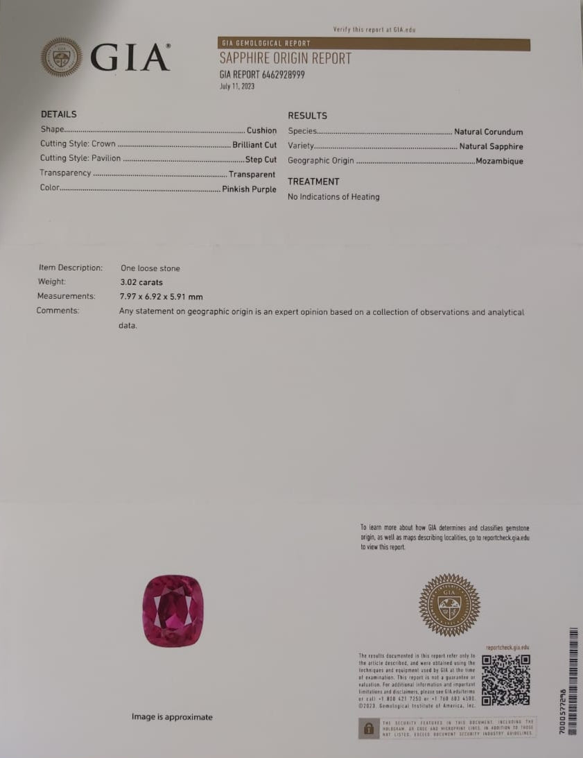 Ruby 3.02ct Pinkish Red Cushion Natural