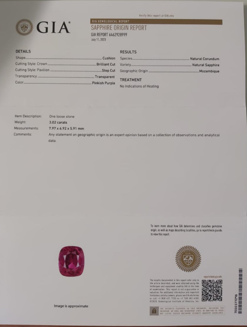 Ruby 3.02ct Pinkish Purple Cushion Natural