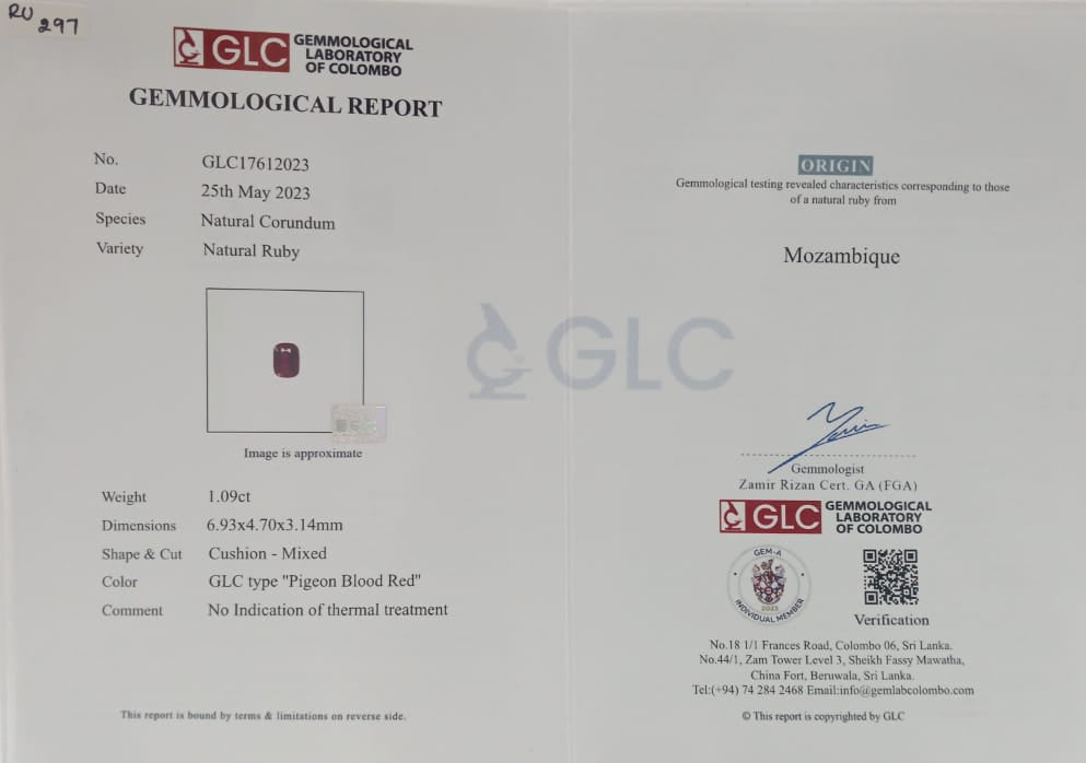 Ruby 1.09ct Pigeon Blood Red Cushion Natural