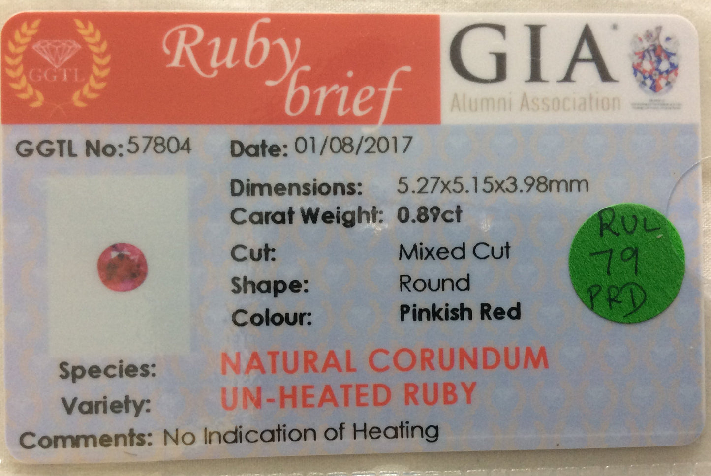 Ruby 0.89ct Pinkish Red Round Natural