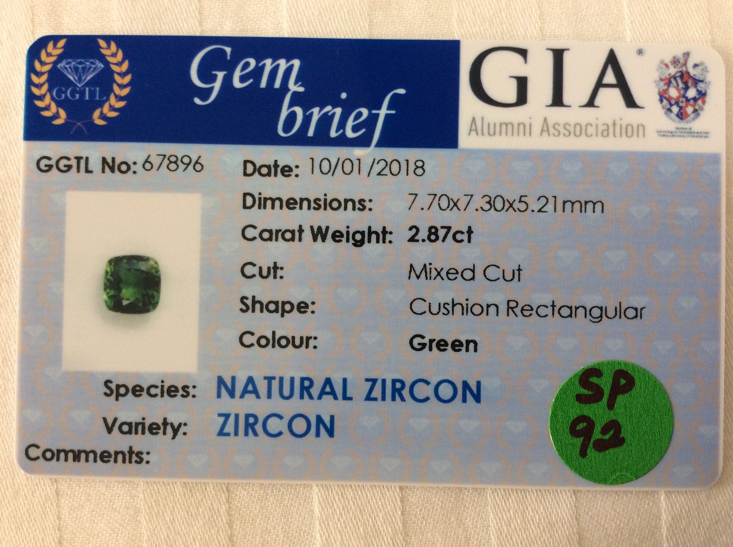 Zircon 2.87ct Green Cushion EC