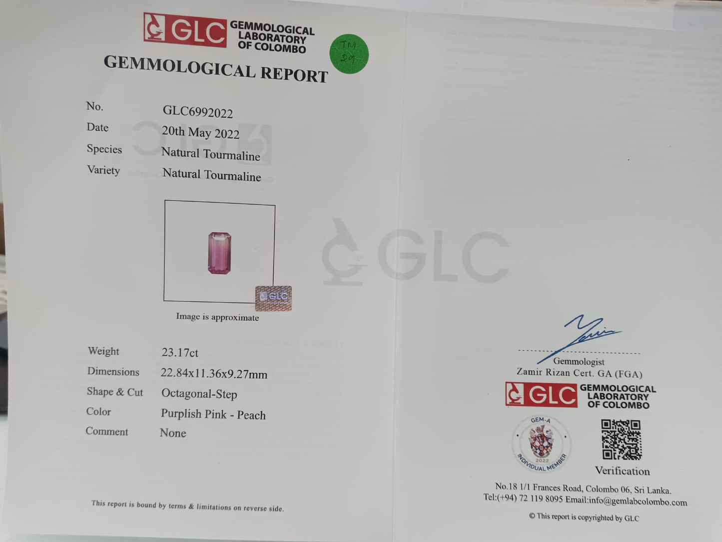 23.17ct Octagon Cut Purple Peach Tourmaline