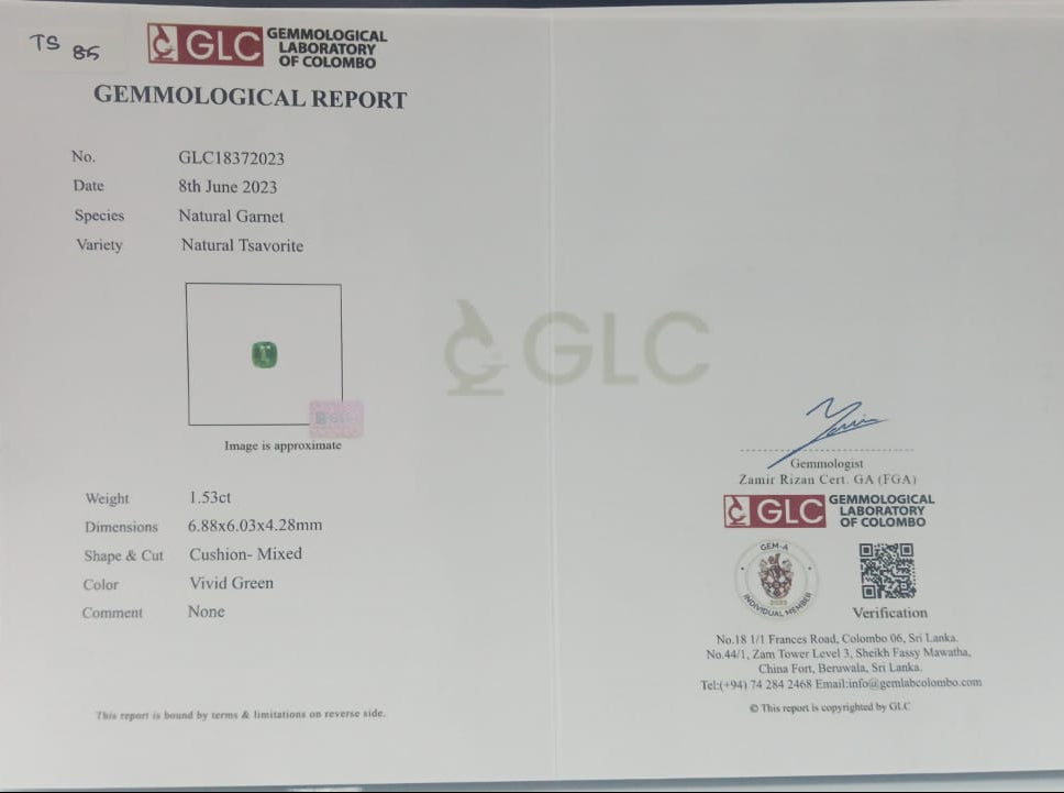 Tsavorite 1.53ct Vivid Green Cushion EC