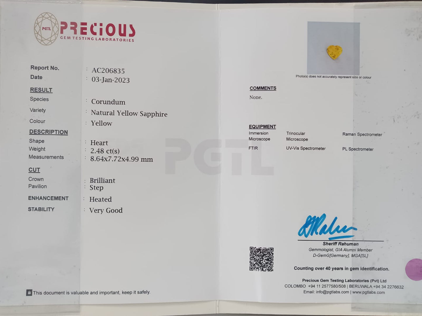 Yellow Sapphire 2.48ct Yellow Heart Heated